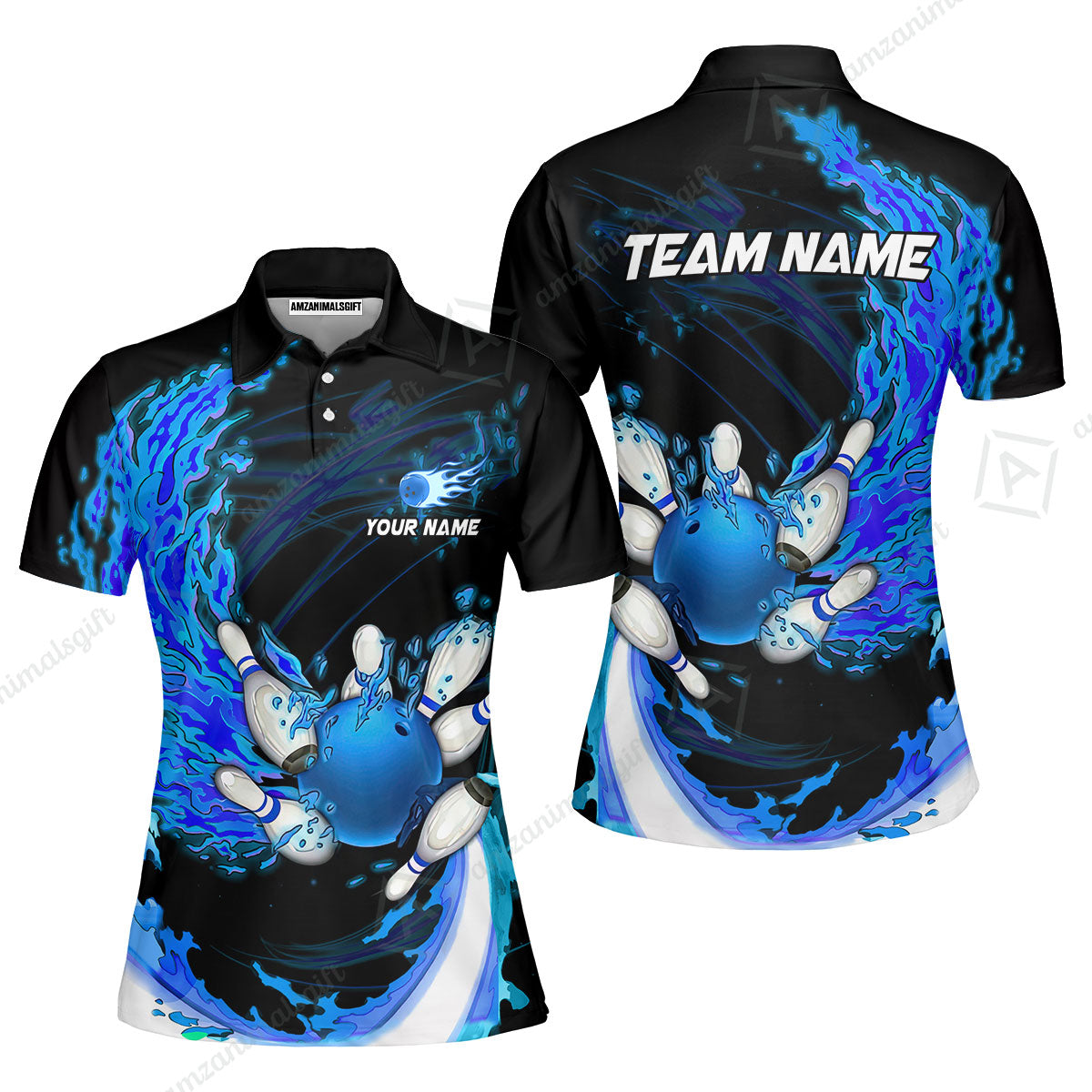 Customized Bowling Polo Team Jerseys, Breath Of Fire Bowling And Pins Multicolor Option Customized Name And Team Name For Bowling Team