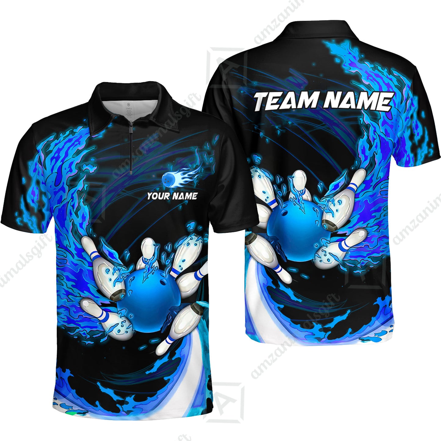 Customized Bowling Polo Team Jerseys, Breath Of Fire Bowling And Pins Multicolor Option Customized Name And Team Name For Bowling Team