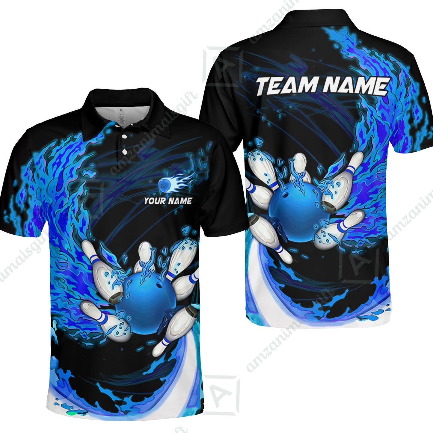 Customized Bowling Polo Team Jerseys, Breath Of Fire Bowling And Pins Multicolor Option Customized Name And Team Name For Bowling Team