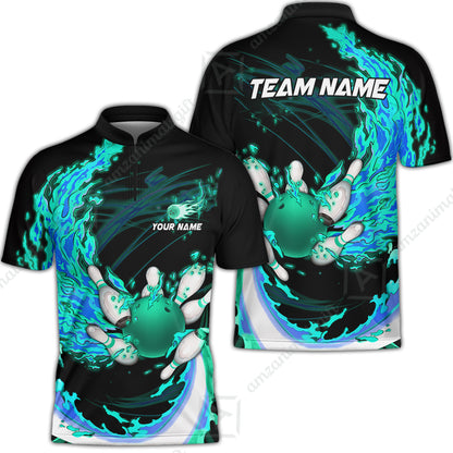 Customized Bowling Polo Team Jerseys, Breath Of Fire Bowling And Pins Multicolor Option Customized Name And Team Name For Bowling Team