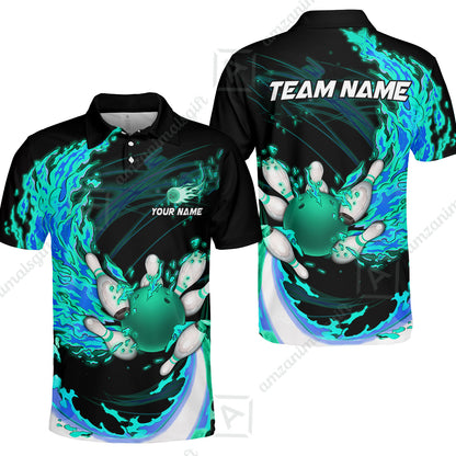 Customized Bowling Polo Team Jerseys, Breath Of Fire Bowling And Pins Multicolor Option Customized Name And Team Name For Bowling Team