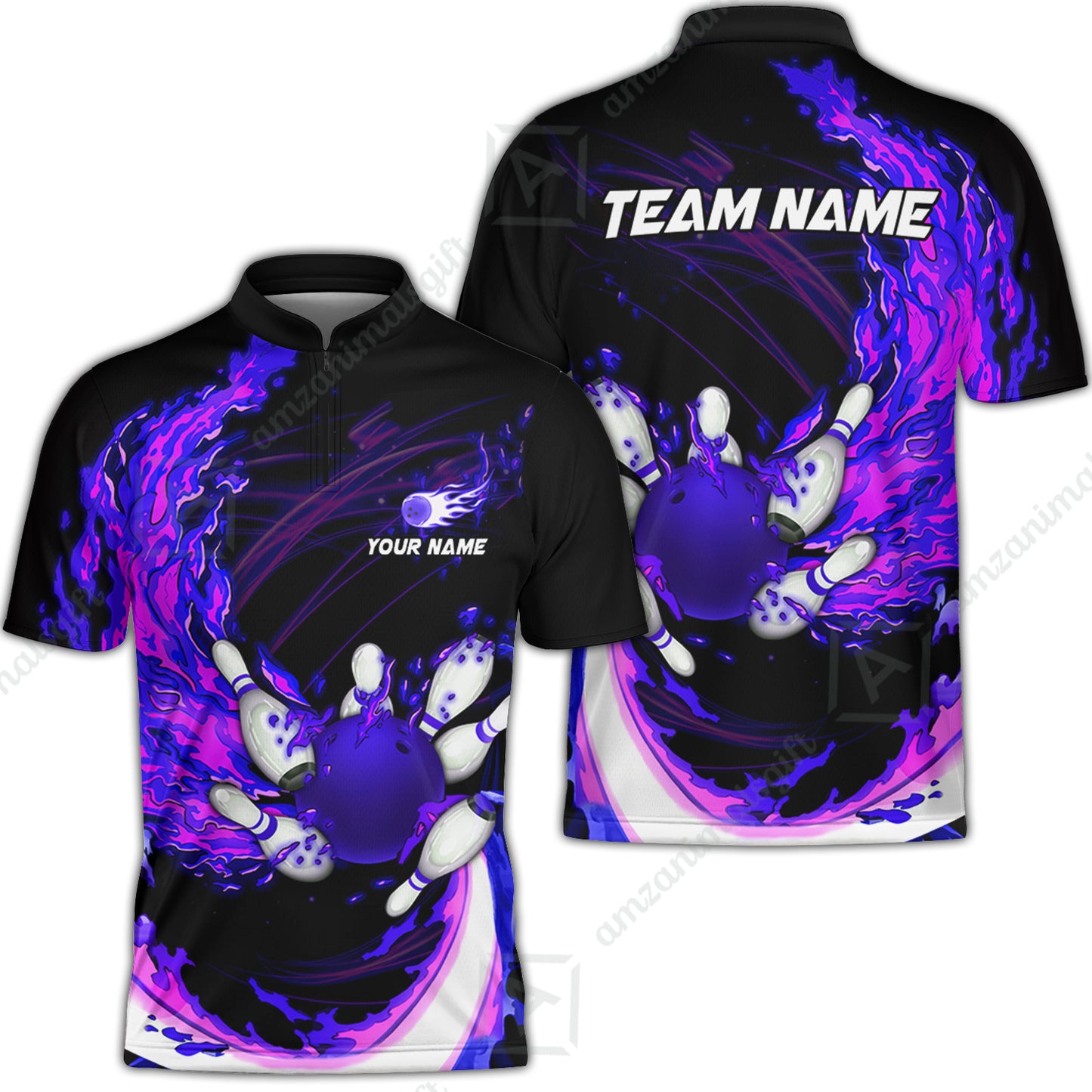 Customized Bowling Polo Team Jerseys, Breath Of Fire Bowling And Pins Multicolor Option Customized Name And Team Name For Bowling Team