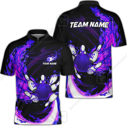 Customized Bowling Polo Team Jerseys, Breath Of Fire Bowling And Pins Multicolor Option Customized Name And Team Name For Bowling Team