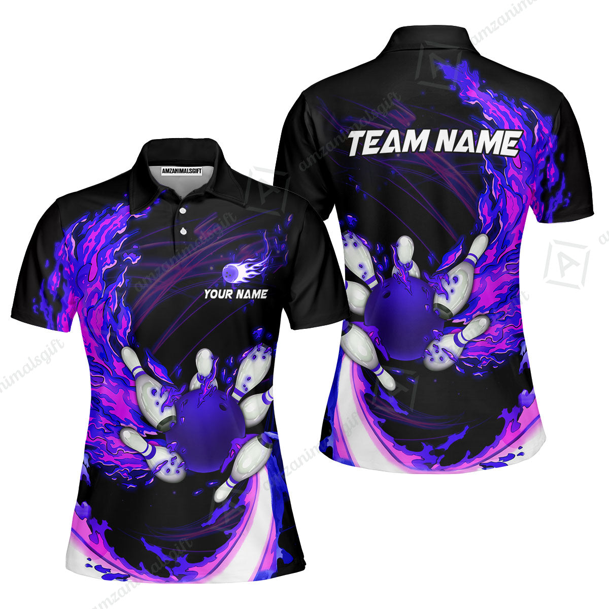 Customized Bowling Polo Team Jerseys, Breath Of Fire Bowling And Pins Multicolor Option Customized Name And Team Name For Bowling Team