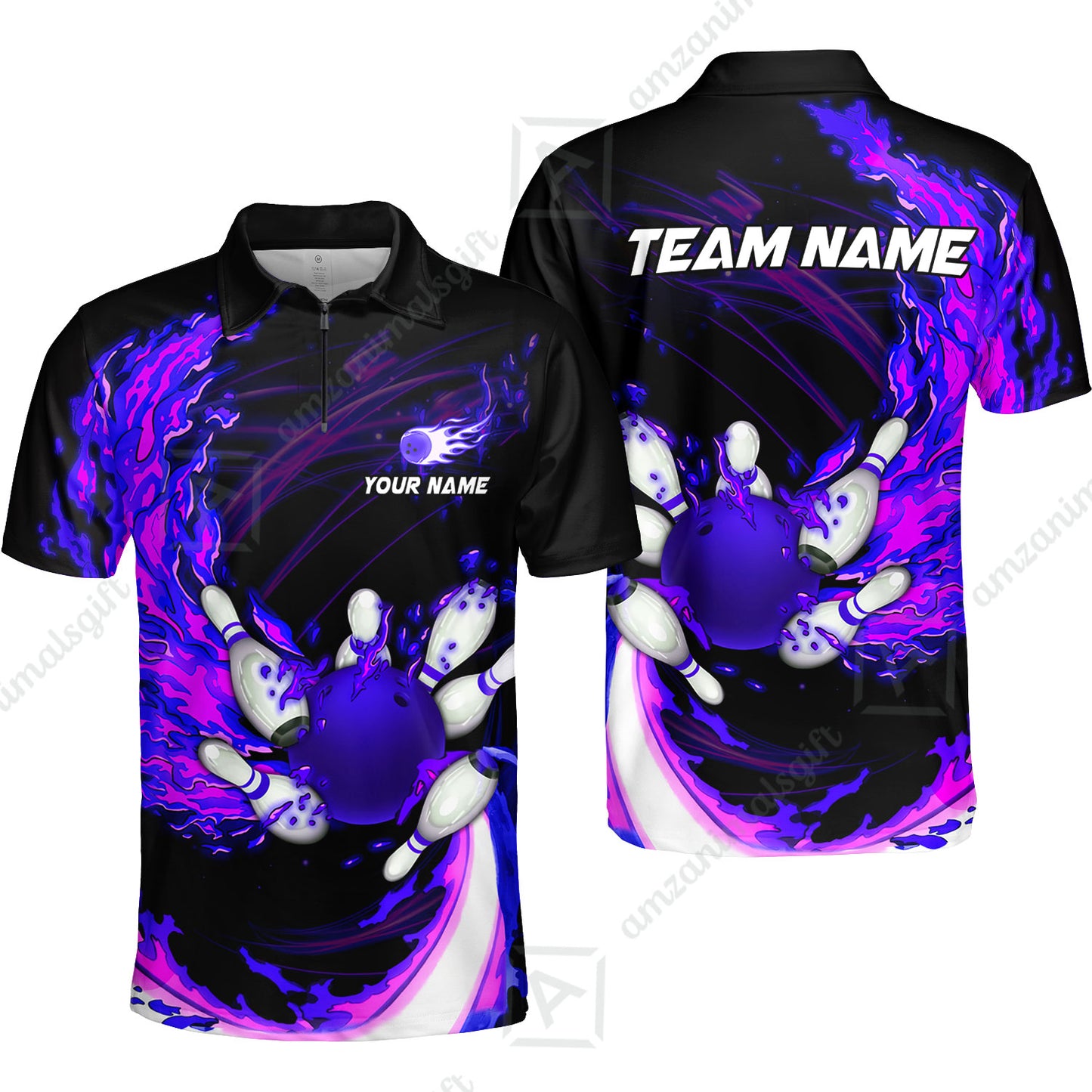 Customized Bowling Polo Team Jerseys, Breath Of Fire Bowling And Pins Multicolor Option Customized Name And Team Name For Bowling Team