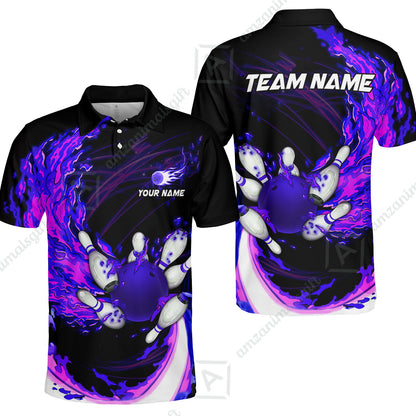 Customized Bowling Polo Team Jerseys, Breath Of Fire Bowling And Pins Multicolor Option Customized Name And Team Name For Bowling Team