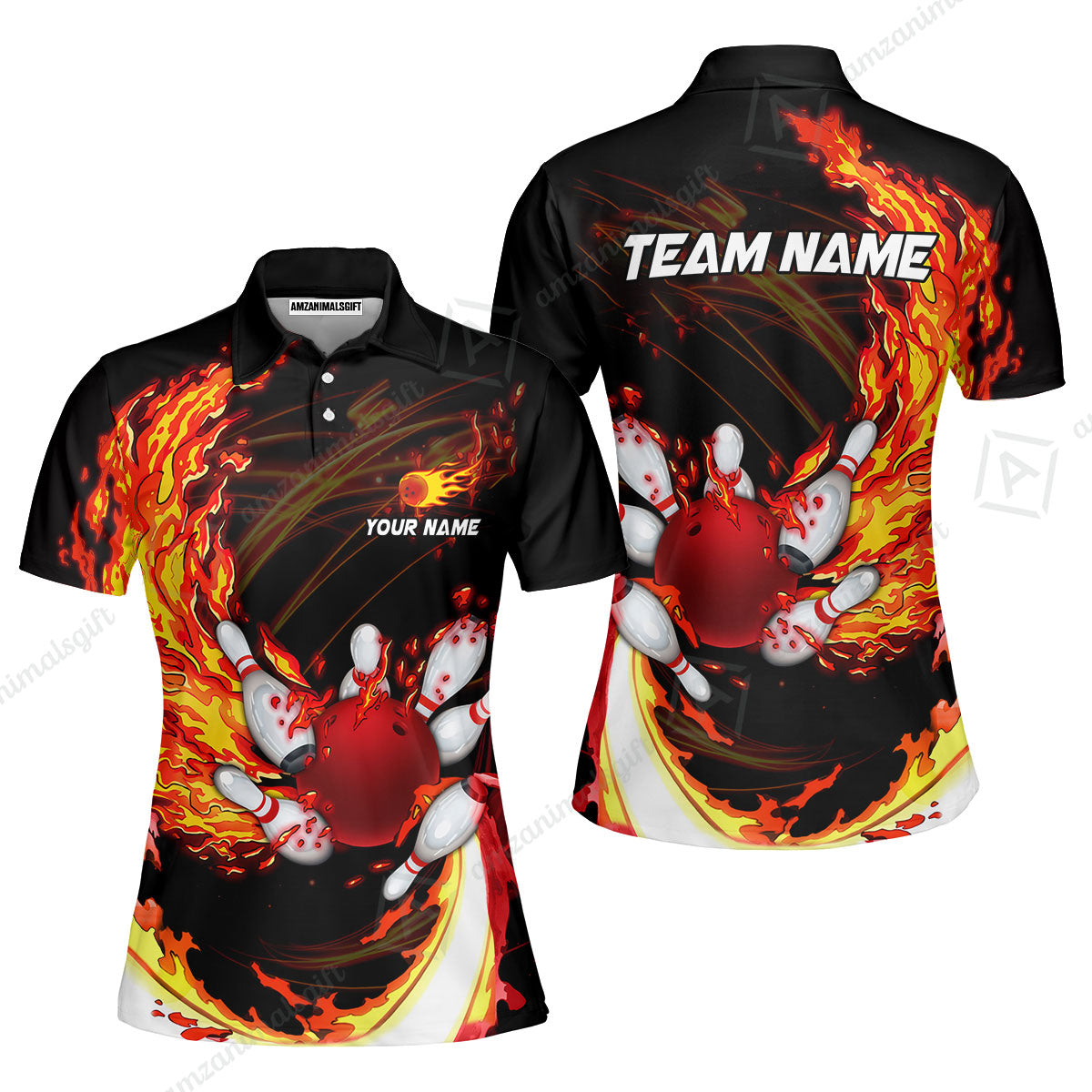 Customized Bowling Polo Team Jerseys, Breath Of Fire Bowling And Pins Multicolor Option Customized Name And Team Name For Bowling Team