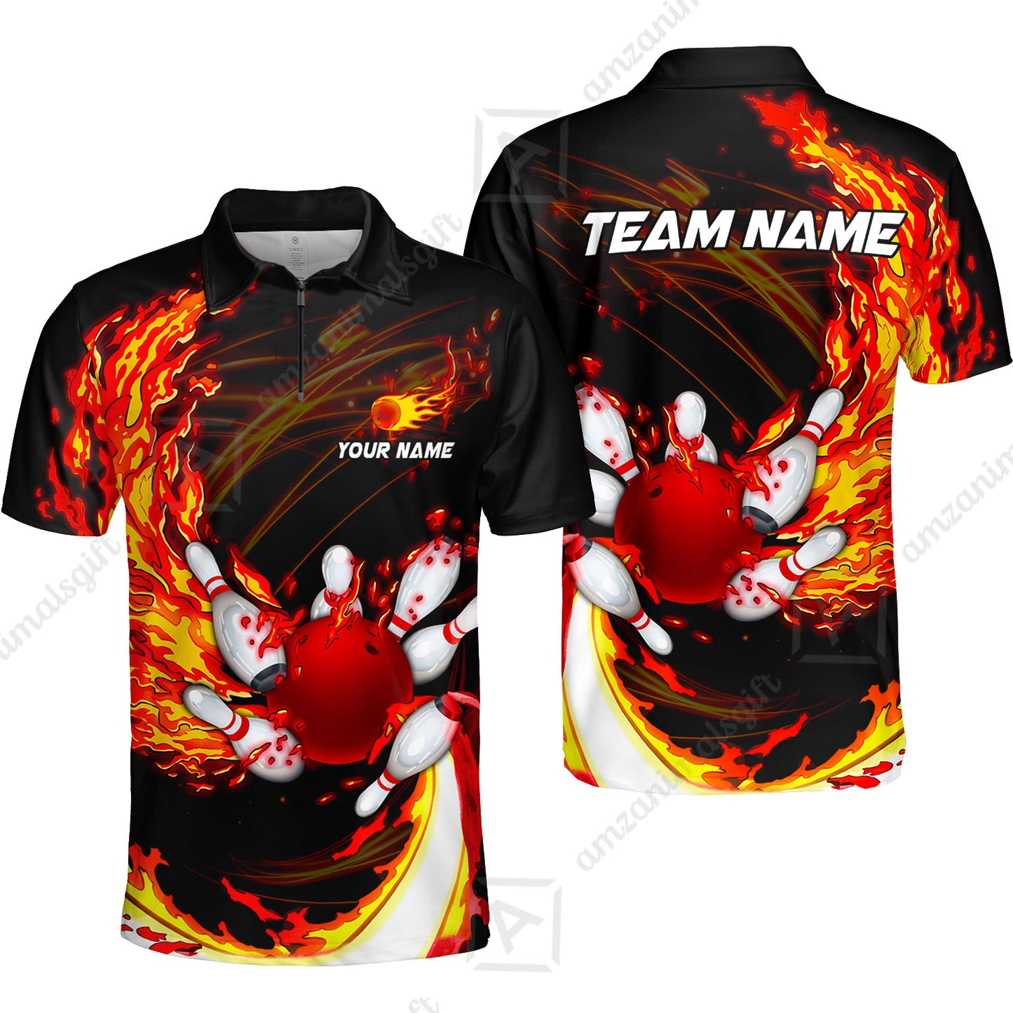 Customized Bowling Polo Team Jerseys, Breath Of Fire Bowling And Pins Multicolor Option Customized Name And Team Name For Bowling Team