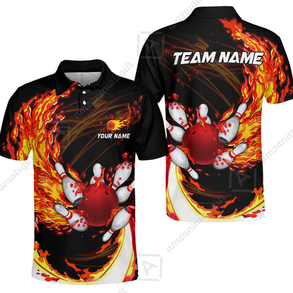 Customized Bowling Polo Team Jerseys, Breath Of Fire Bowling And Pins Multicolor Option Customized Name And Team Name For Bowling Team