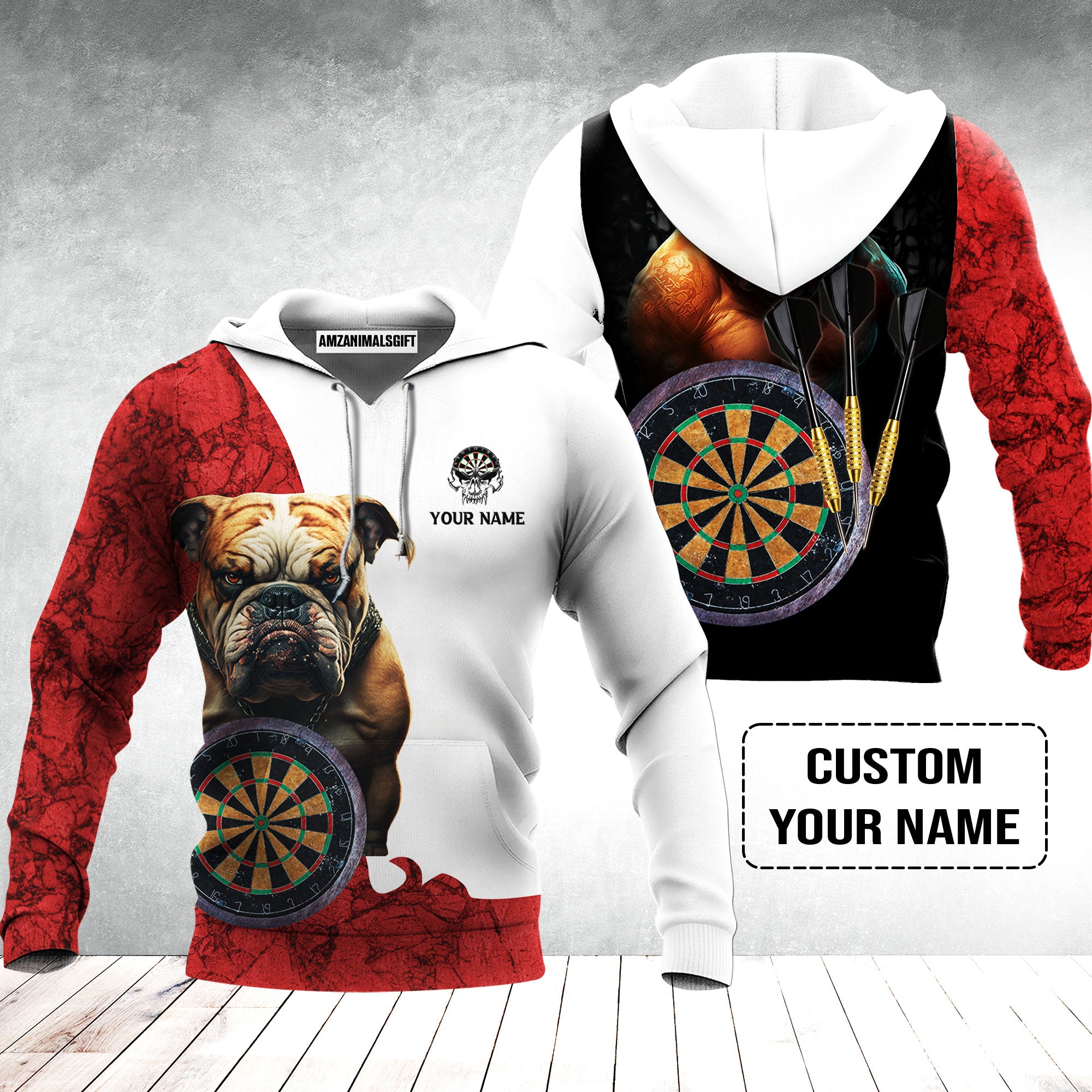 Bulldog And Darts Custom Name Hoodie, Bullseye Dartboard Personalized Hoodie - Gift For Darts Lovers, Friends, Team, Dog Lovers