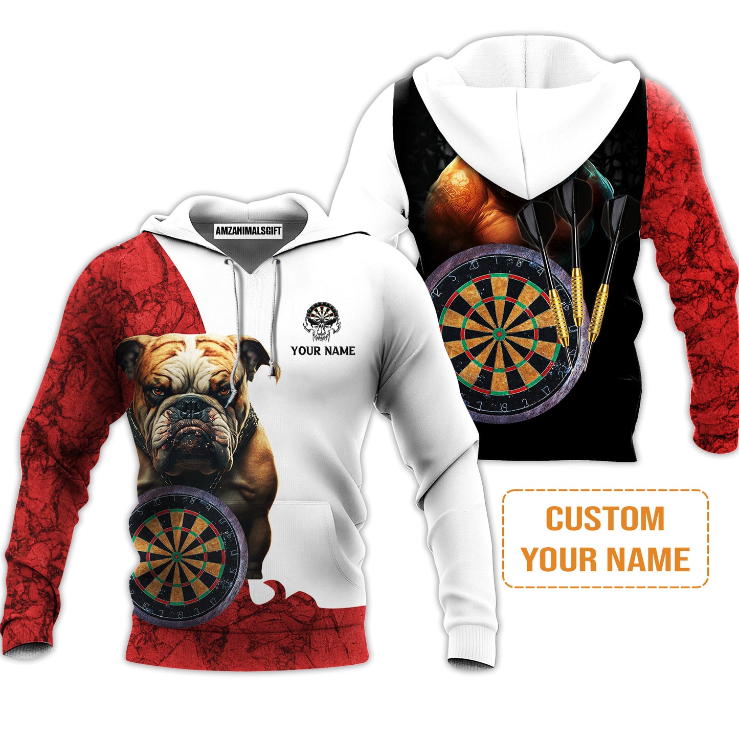 Bulldog And Darts Custom Name Men Polo Shirt, Bullseye Dartboard Personalized Men Polo Shirt Gift For Darts Lovers, Friends, Team, Dog Lovers