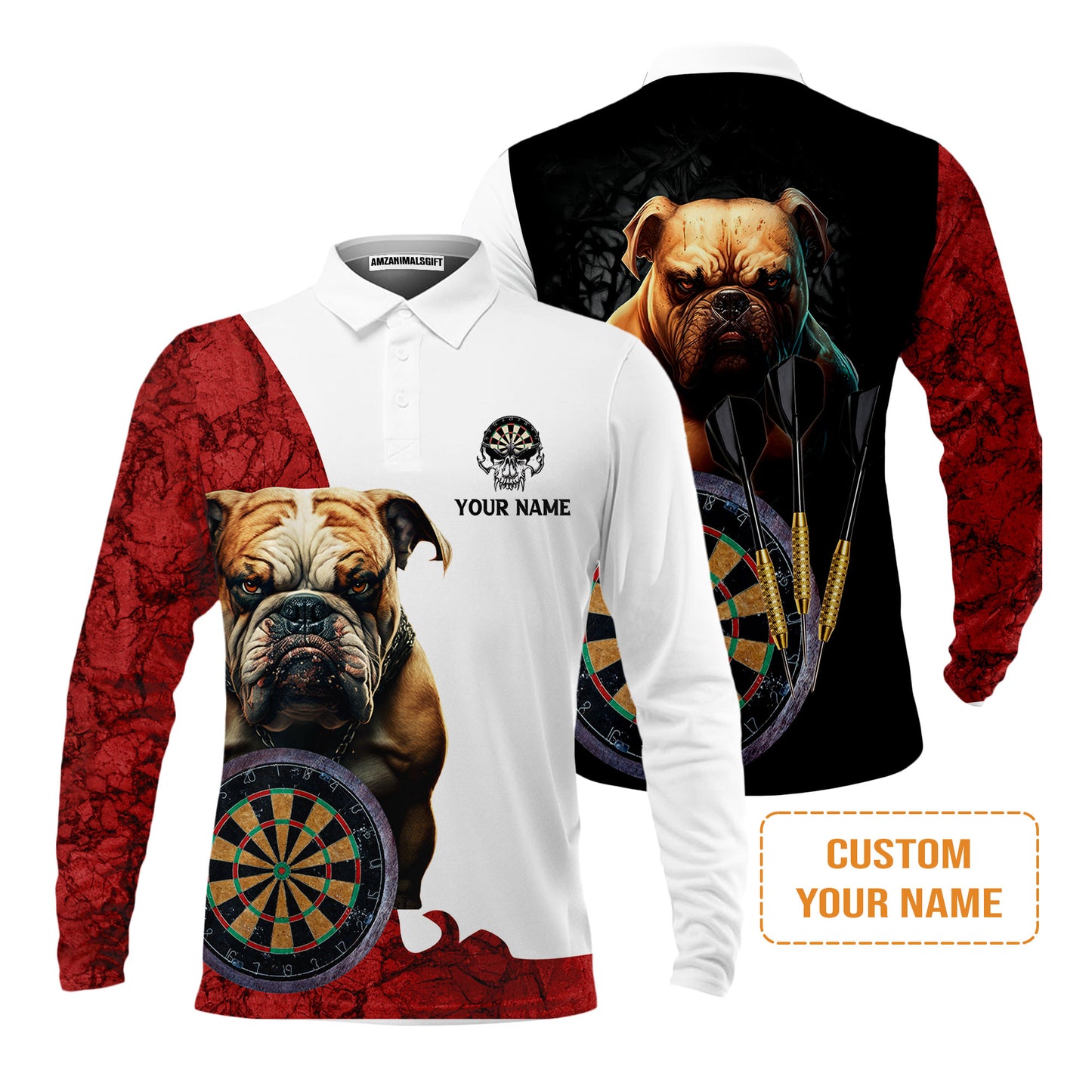 Bulldog And Darts Custom Name Men Polo Shirt, Bullseye Dartboard Personalized Men Polo Shirt Gift For Darts Lovers, Friends, Team, Dog Lovers