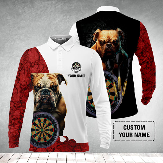 Bulldog And Darts Custom Name Men's Long Sleeve Polo Shirt, Bullseye Dartboard Personalized Long Sleeve Polo Shirt - Gift For Darts Lovers, Friends, Team, Dog Lovers