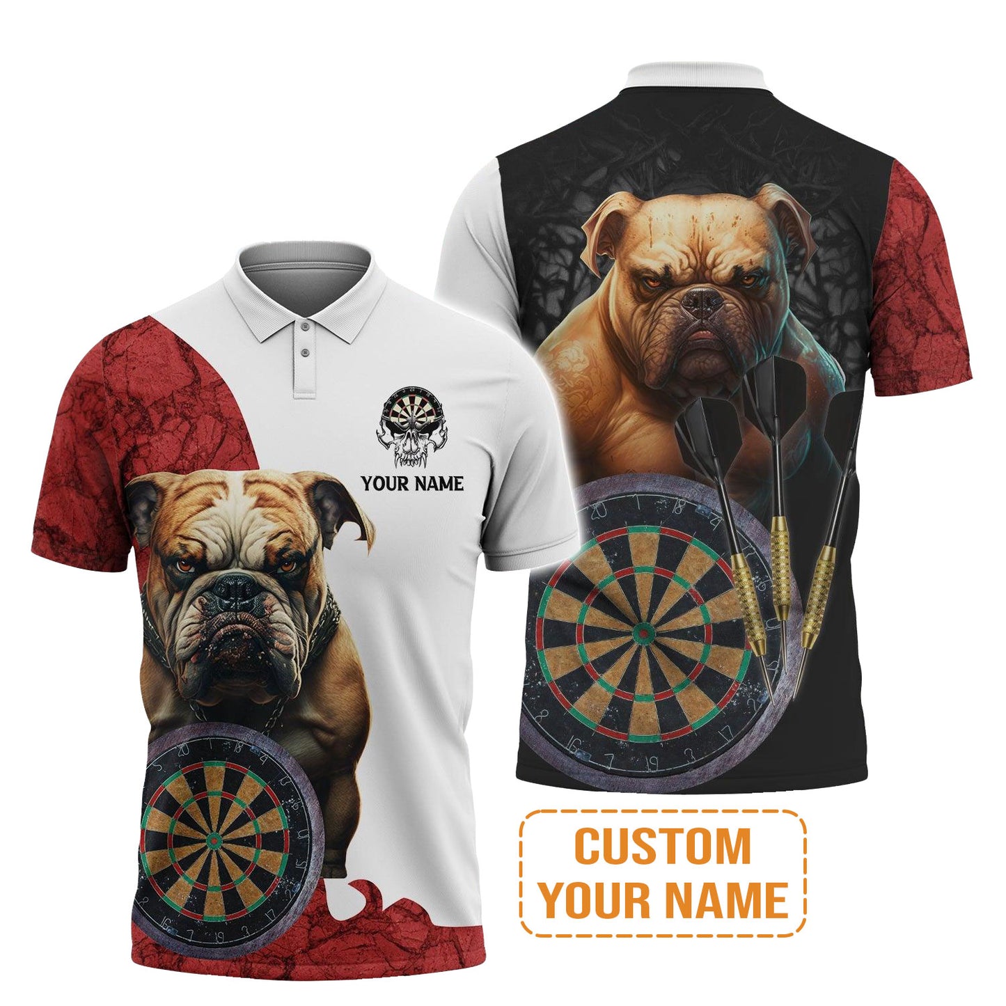 Bulldog And Darts Custom Name Men Polo Shirt, Bullseye Dartboard Personalized Men Polo Shirt Gift For Darts Lovers, Friends, Team, Dog Lovers