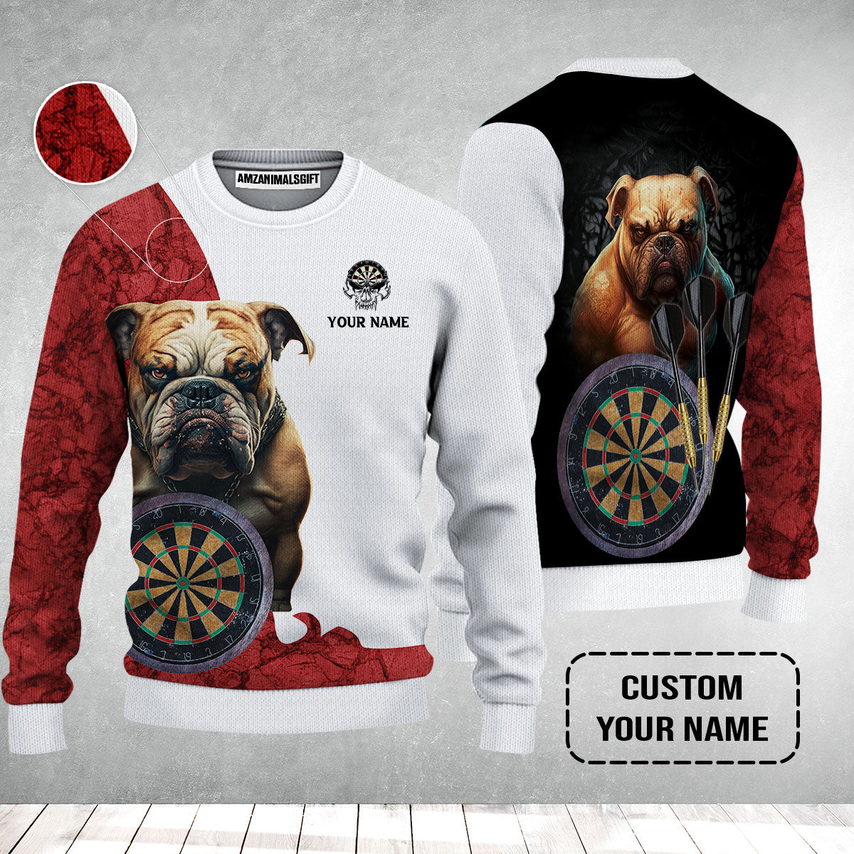 Bulldog And Darts Custom Name Sweater, Bullseye Dartboard Personalized Sweater - Gift For Darts Lovers, Friends, Team, Dog Lovers