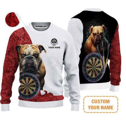 Bulldog And Darts Custom Name Sweater, Bullseye Dartboard Personalized Sweater - Gift For Darts Lovers, Friends, Team, Dog Lovers