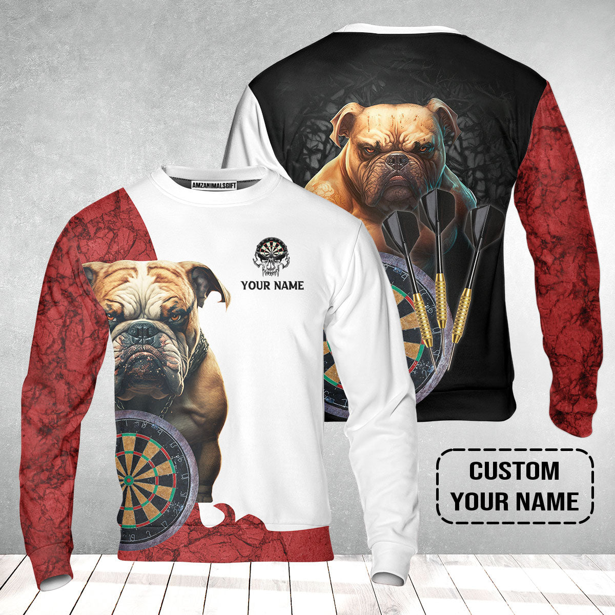 Bulldog And Darts Custom Name Sweatshirt, Bullseye Dartboard Personalized Sweatshirt - Gift For Darts Lovers, Friends, Team, Dog Lovers