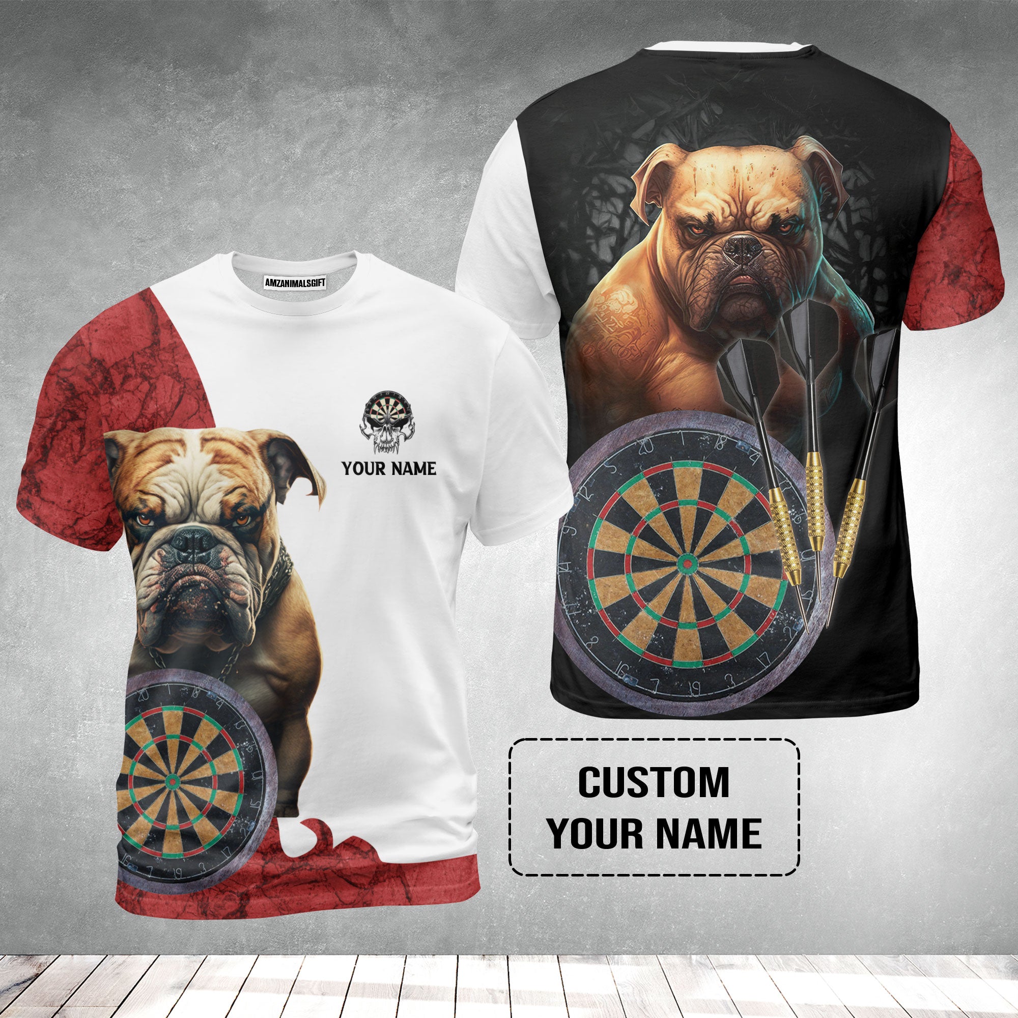Bulldog And Darts Custom Name T-Shirt, Bullseye Dartboard Personalized T-Shirt - Gift For Darts Lovers, Friends, Team, Dog Lovers