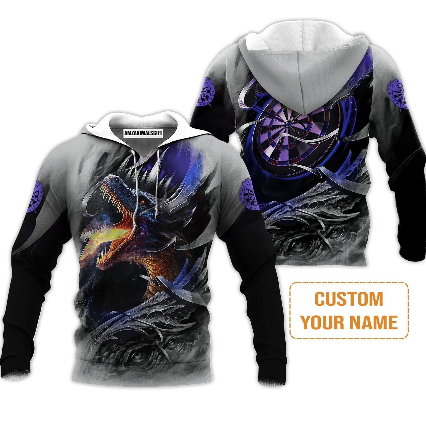 Customized Name Darts Hoodie, Bullseye Dartboard Personalized Flame Dragon And Darts Hoodie