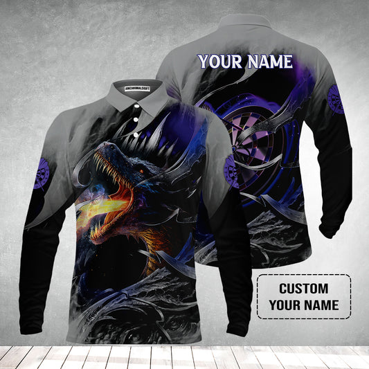 Customized Name Darts Men's Long Sleeve Polo Shirt, Bullseye Dartboard Personalized Flame Dragon And Darts  Long Sleeve Polo Shirt