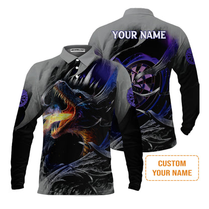Customized Name Darts Men Polo Shirt, Bullseye Dartboard Personalized Flame Dragon And Darts Polo Shirt - Gift For Darts Players, Darts Lovers