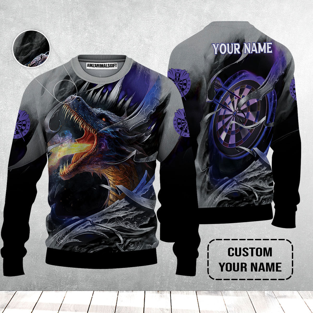 Customized Name Darts Sweater, Bullseye Dartboard Personalized Flame Dragon And Darts Sweater