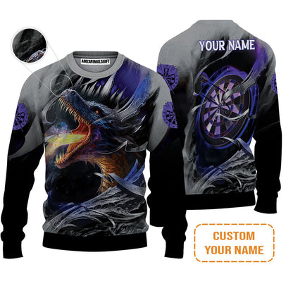 Customized Name Darts Men's Long Sleeve Polo Shirt, Bullseye Dartboard Personalized Flame Dragon And Darts  Long Sleeve Polo Shirt