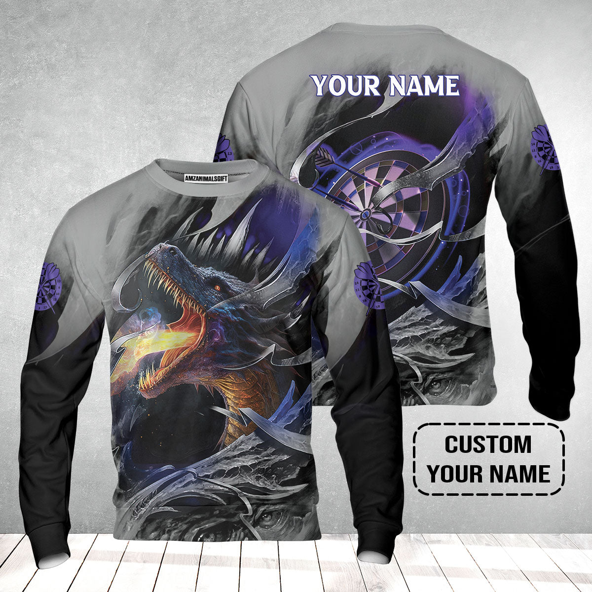 Customized Name Darts Sweatshirt, Bullseye Dartboard Personalized Flame Dragon And Darts Sweatshirt