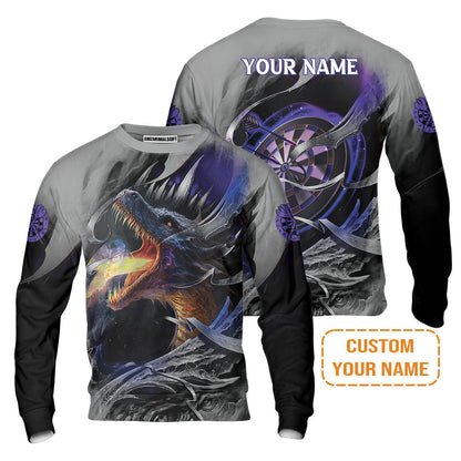 Customized Name Darts Men's Long Sleeve Polo Shirt, Bullseye Dartboard Personalized Flame Dragon And Darts  Long Sleeve Polo Shirt