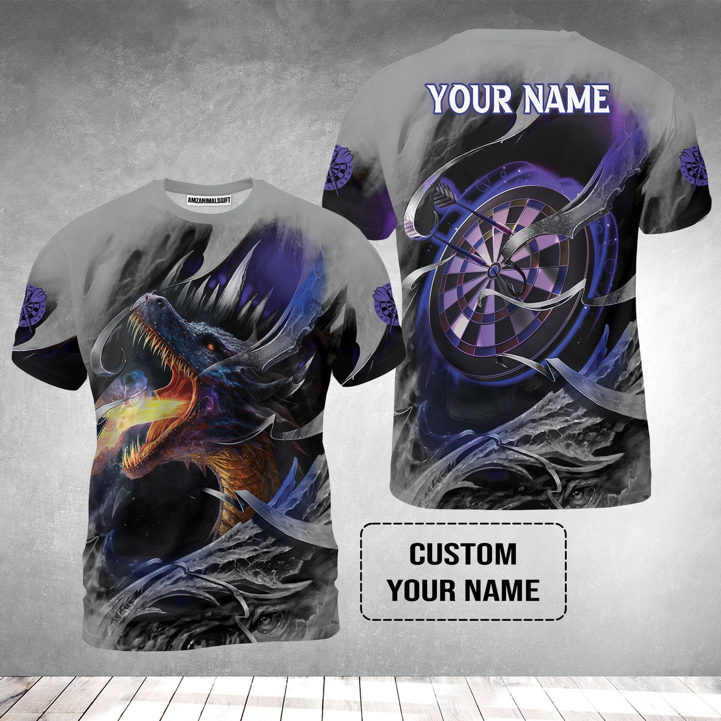 Customized Name Darts T-Shirt, Bullseye Dartboard Personalized Flame Dragon And Darts T-Shirt