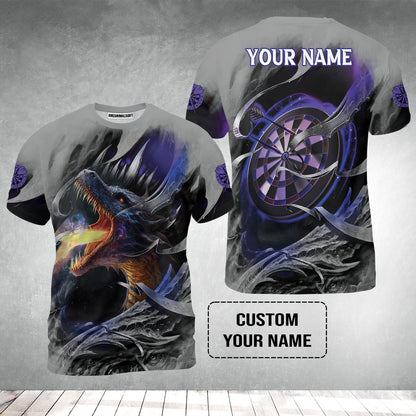 Customized Name Darts T-Shirt, Bullseye Dartboard Personalized Flame Dragon And Darts T-Shirt