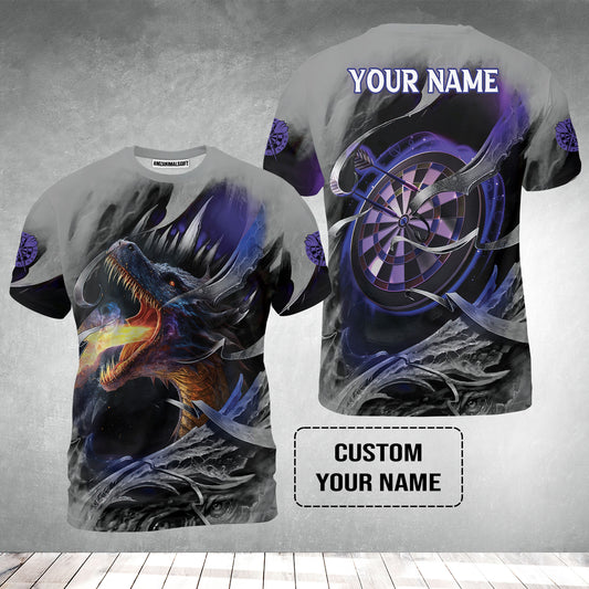 Customized Name Darts T-Shirt, Bullseye Dartboard Personalized Flame Dragon And Darts T-Shirt