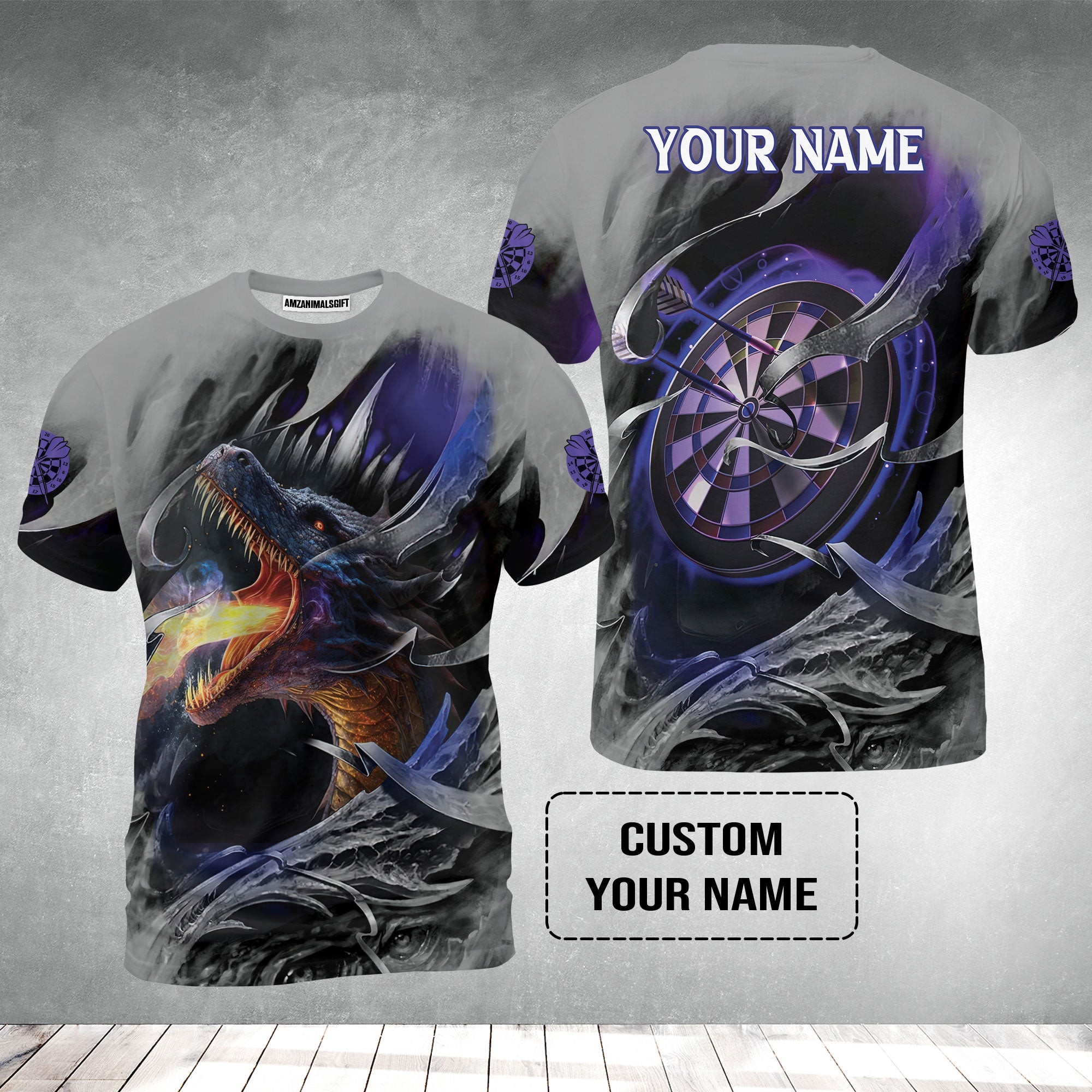 Customized Name Darts T-Shirt, Bullseye Dartboard Personalized Flame Dragon And Darts T-Shirt