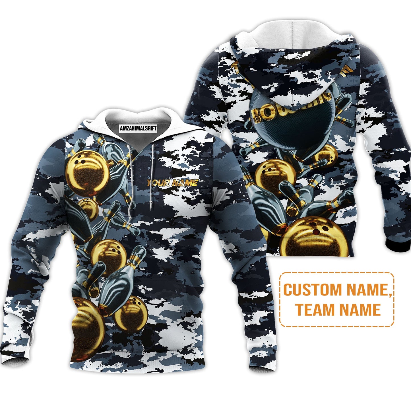 Bowling Custom Men's Long Sleeve Polo Shirt - Camo Navy Bowling Team Custom Bowling Long Sleeve Polo Shirt