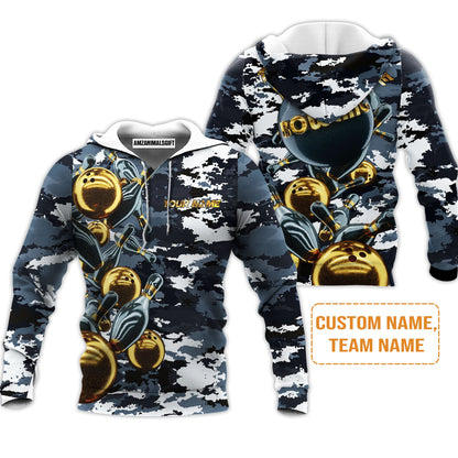 Bowling Custom Men's Long Sleeve Polo Shirt - Camo Navy Bowling Team Custom Bowling Long Sleeve Polo Shirt