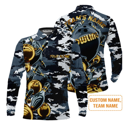 Bowling Custom Men's Long Sleeve Polo Shirt - Camo Navy Bowling Team Custom Bowling Long Sleeve Polo Shirt