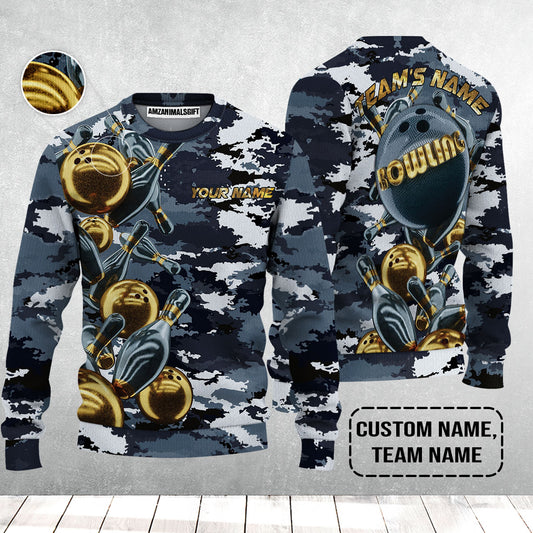 Bowling Custom Sweater - Camo Navy Bowling Team Custom Bowling Sweater