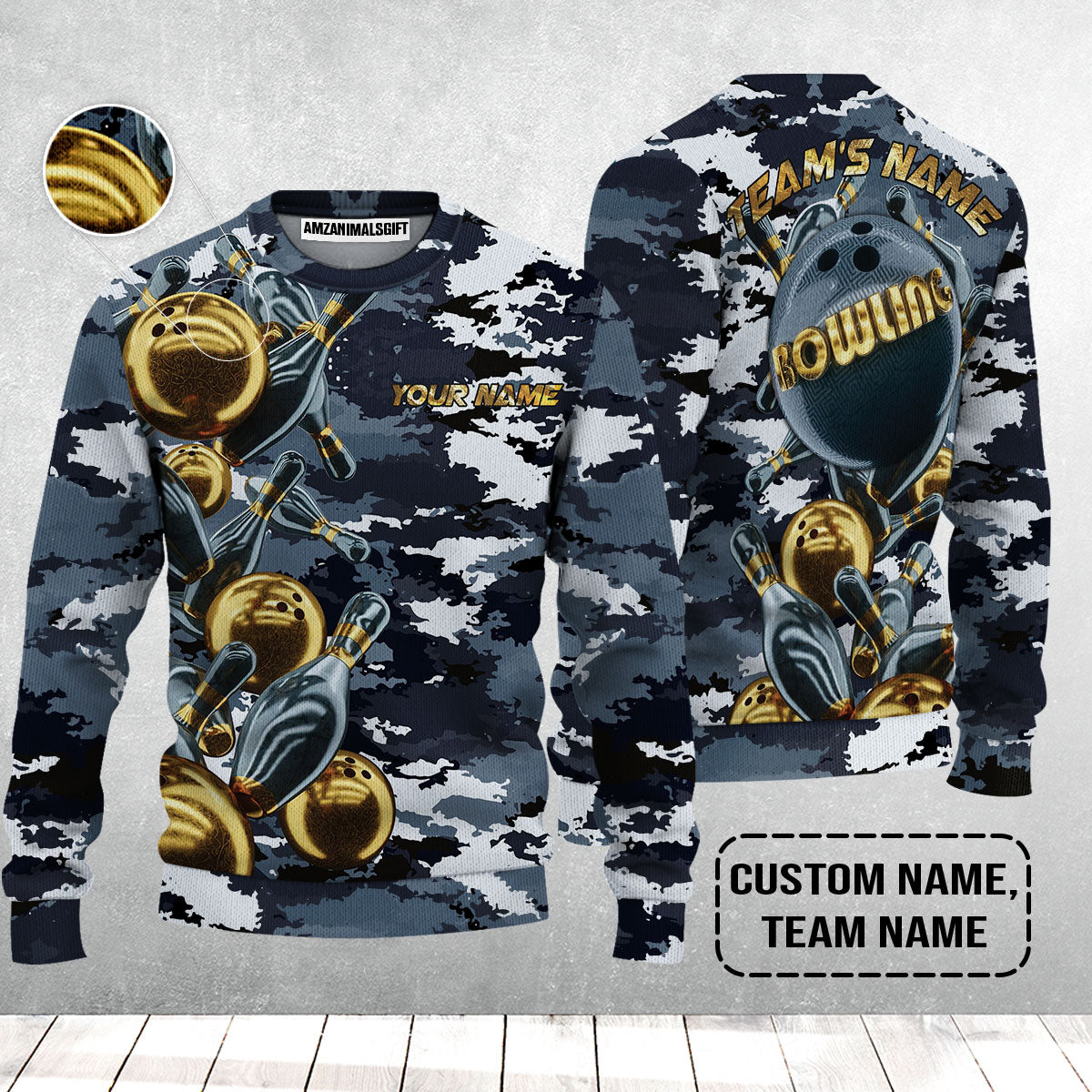 Bowling Custom Sweater - Camo Navy Bowling Team Custom Bowling Sweater
