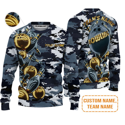 Bowling Custom Men's Long Sleeve Polo Shirt - Camo Navy Bowling Team Custom Bowling Long Sleeve Polo Shirt