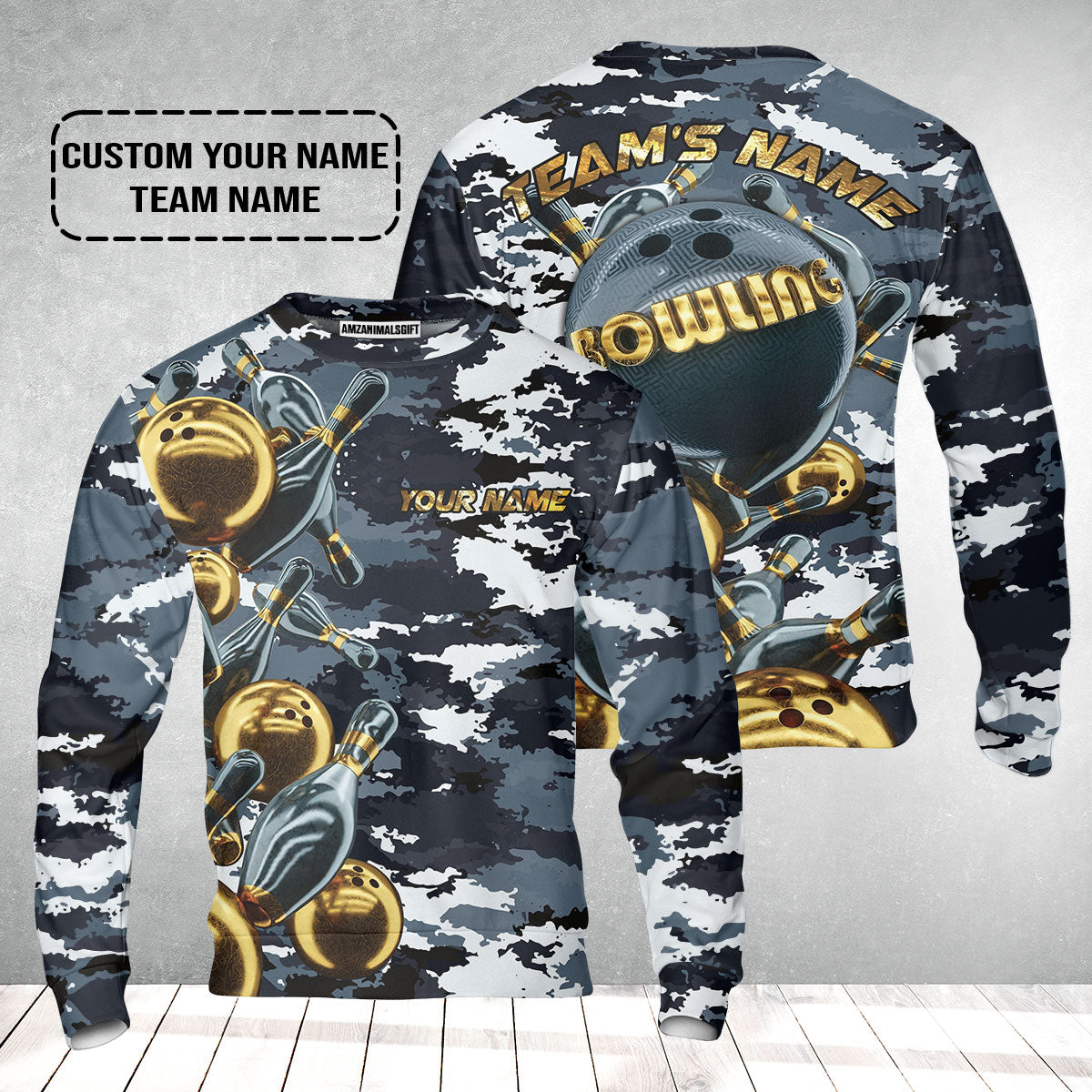 Bowling Custom Sweatshirt - Camo Navy Bowling Team Custom Bowling Sweatshirt