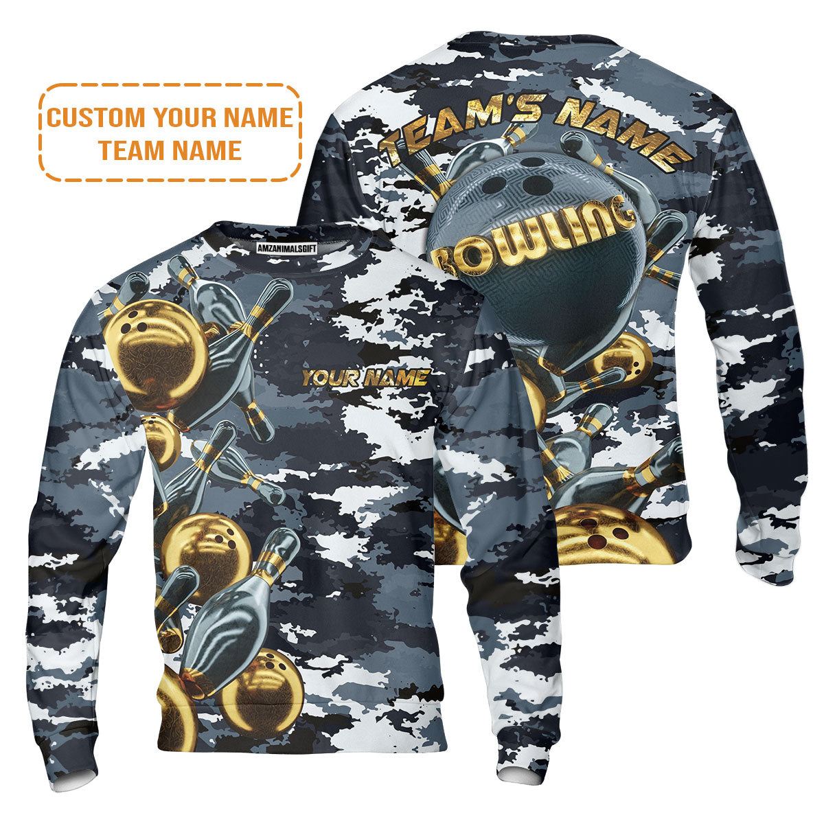 Bowling Custom Men's Long Sleeve Polo Shirt - Camo Navy Bowling Team Custom Bowling Long Sleeve Polo Shirt