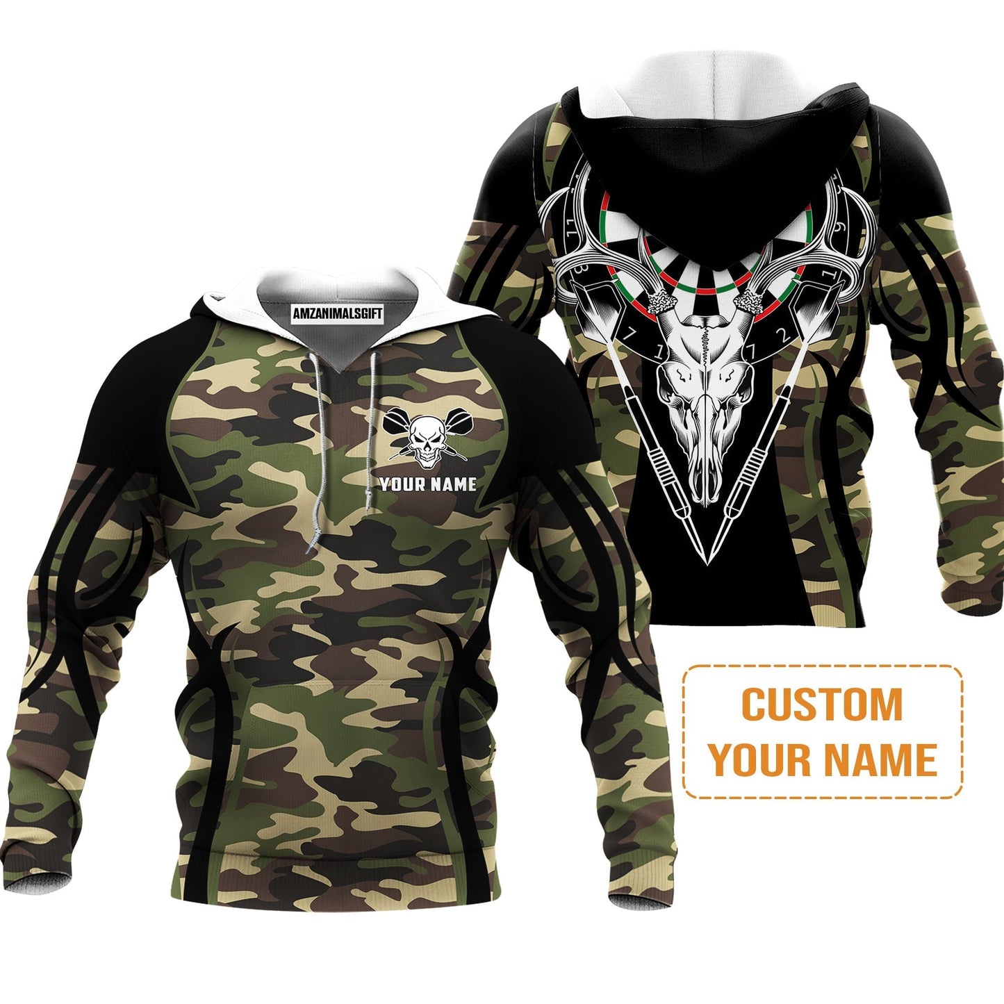 Darts Custom Name Hoodie, Camo Skull Deer Dartboard Personalized Hoodie - Gift For Darts Lovers, Friend, Darts Team Player