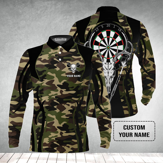 Darts Custom Name Men's Long Sleeve Polo Shirt, Camo Skull Deer Dartboard Personalized Long Sleeve Polo Shirt Gift For Darts Lovers, Friend, Darts Team Player