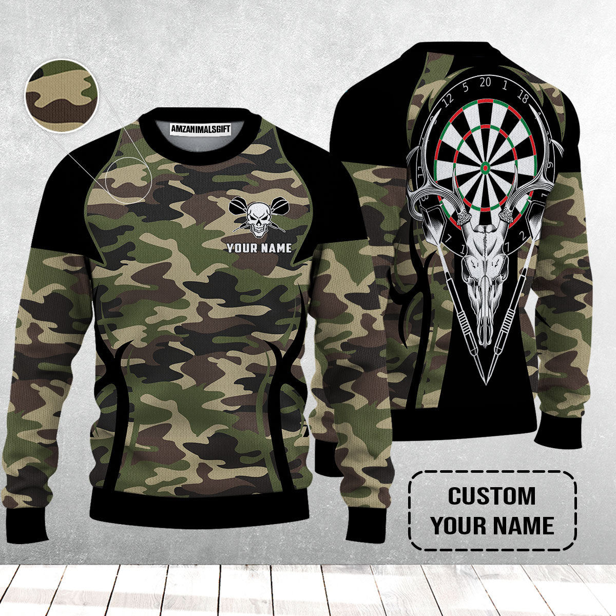 Darts Custom Name Sweater, Camo Skull Deer Dartboard Personalized Sweater - Gift For Darts Lovers, Friend, Darts Team Player