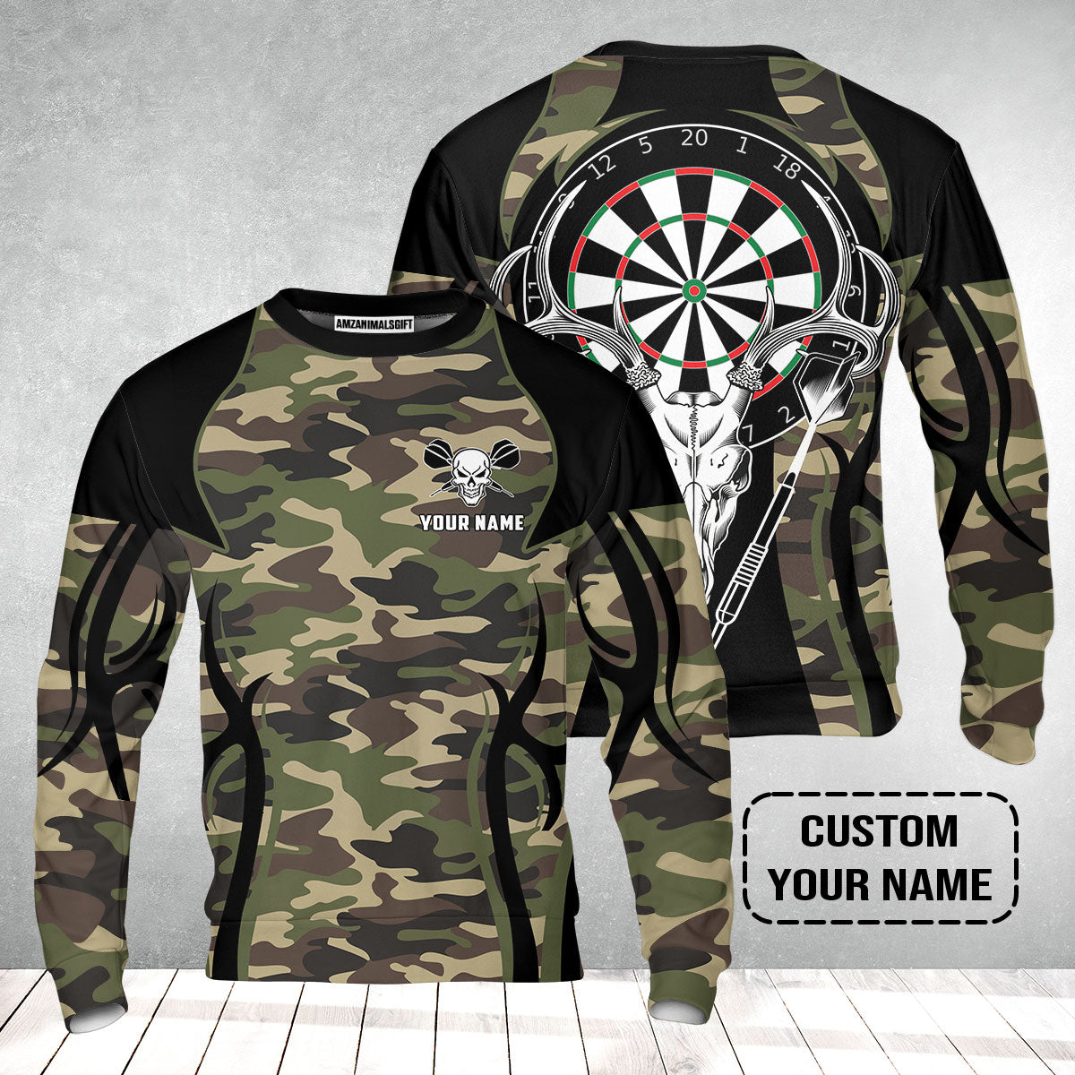 Darts Custom Name Sweatshirt, Camo Skull Deer Dartboard Personalized Sweatshirt - Gift For Darts Lovers, Friend, Darts Team Player