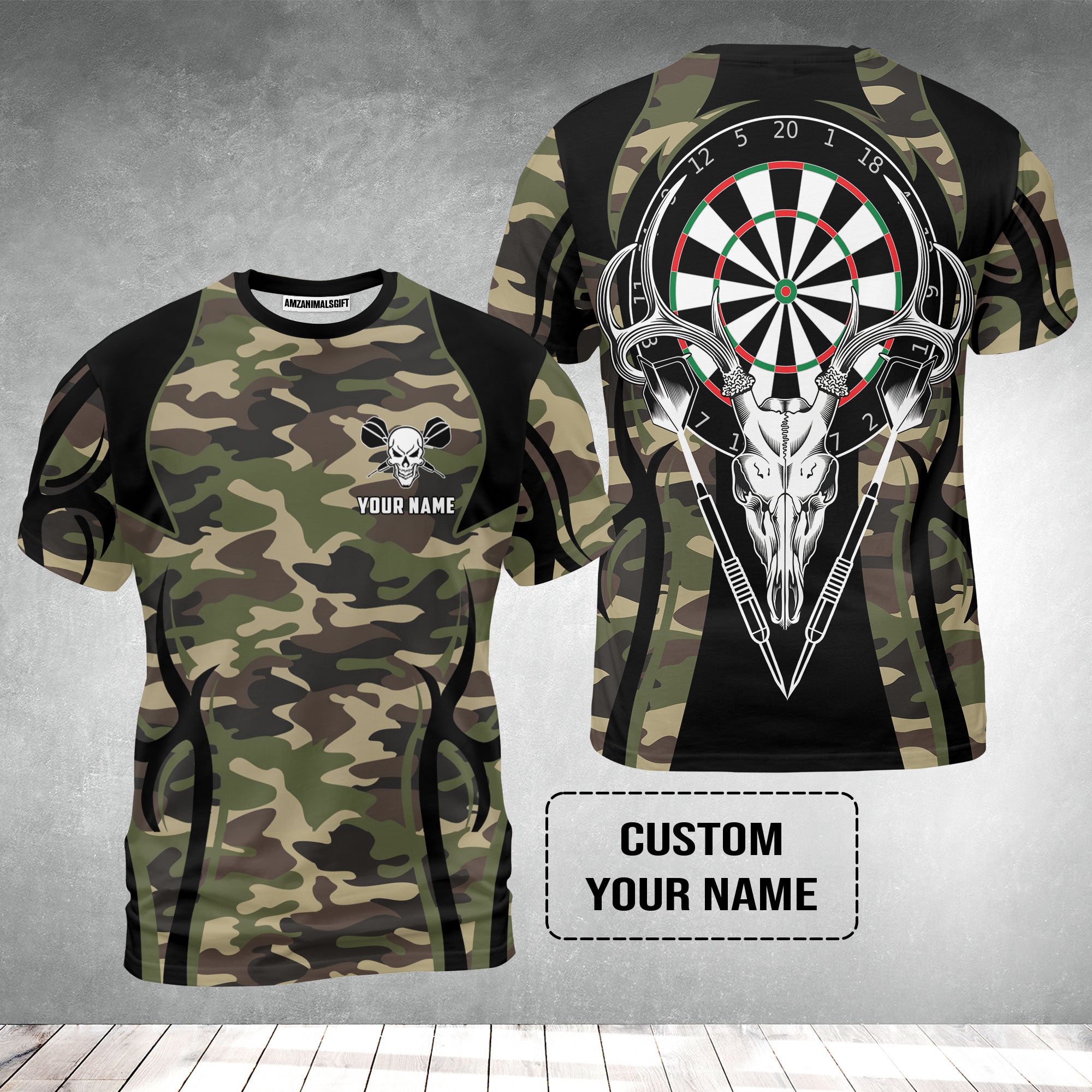 Darts Custom Name T-Shirt, Camo Skull Deer Dartboard Personalized T-Shirt - Gift For Darts Lovers, Friend, Darts Team Player