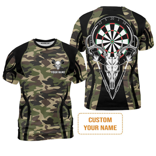 Darts Custom Name T-Shirt, Camo Skull Deer Dartboard Personalized T-Shirt - Gift For Darts Lovers, Friend, Darts Team Player