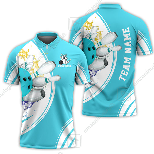 Customized Bowling Team Quarter-Zip Polo Shirt, Custom Cyan Red Blue Bowling Uniforms, Personalized Name And Team Name