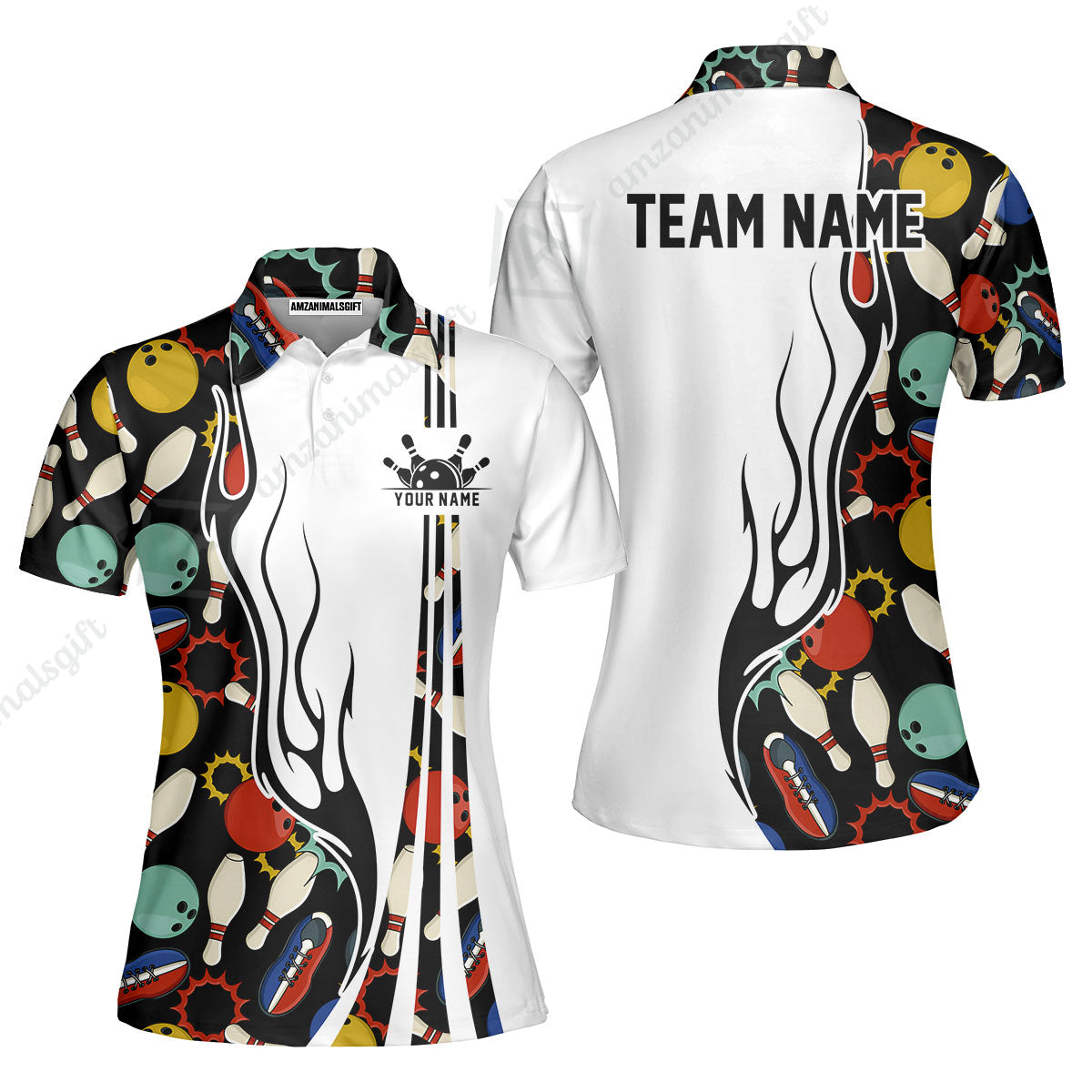 Custom Bowling Team Jerseys Polo Shirts, Custom Multi Color Icon Bowling Uniforms Jerseys, Personalized Name And Team Name