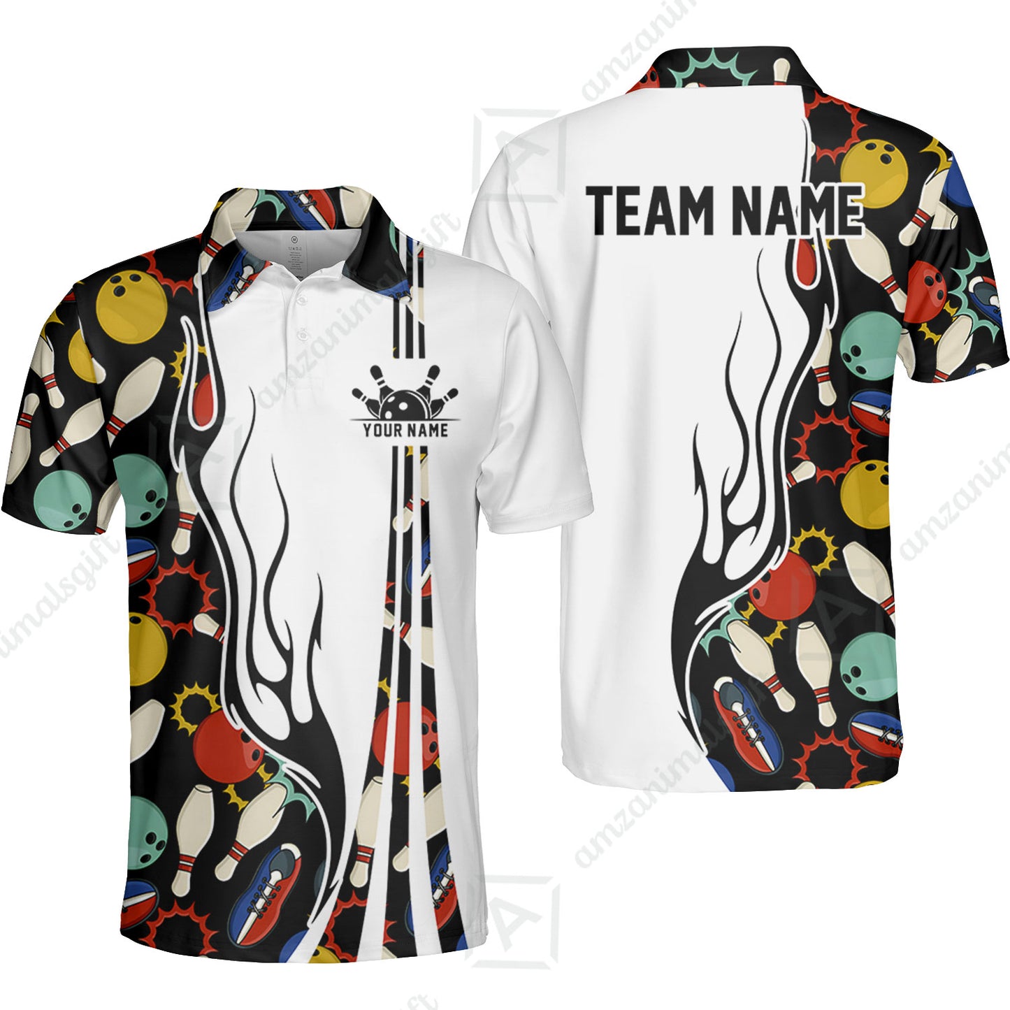 Custom Bowling Team Jerseys Polo Shirts, Custom Multi Color Icon Bowling Uniforms Jerseys, Personalized Name And Team Name